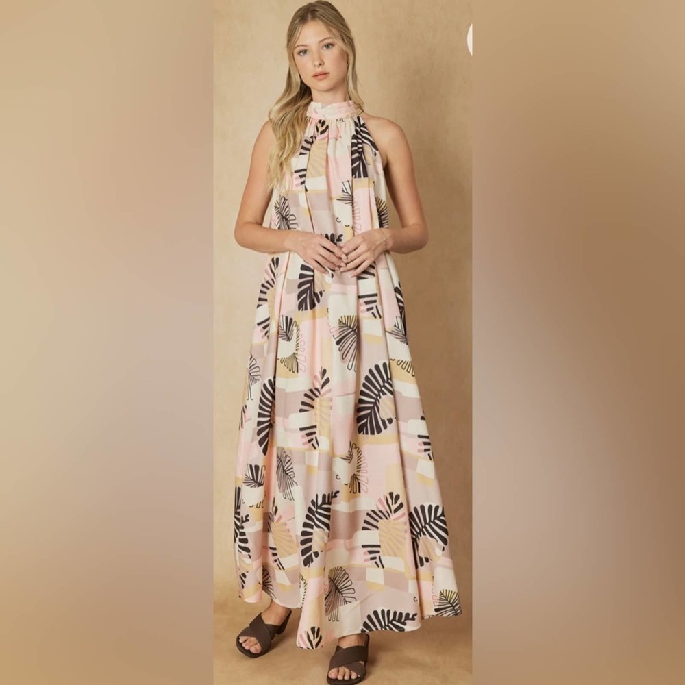 Fab’rik Palm Leaf Taupe Maxi Dress Size Large